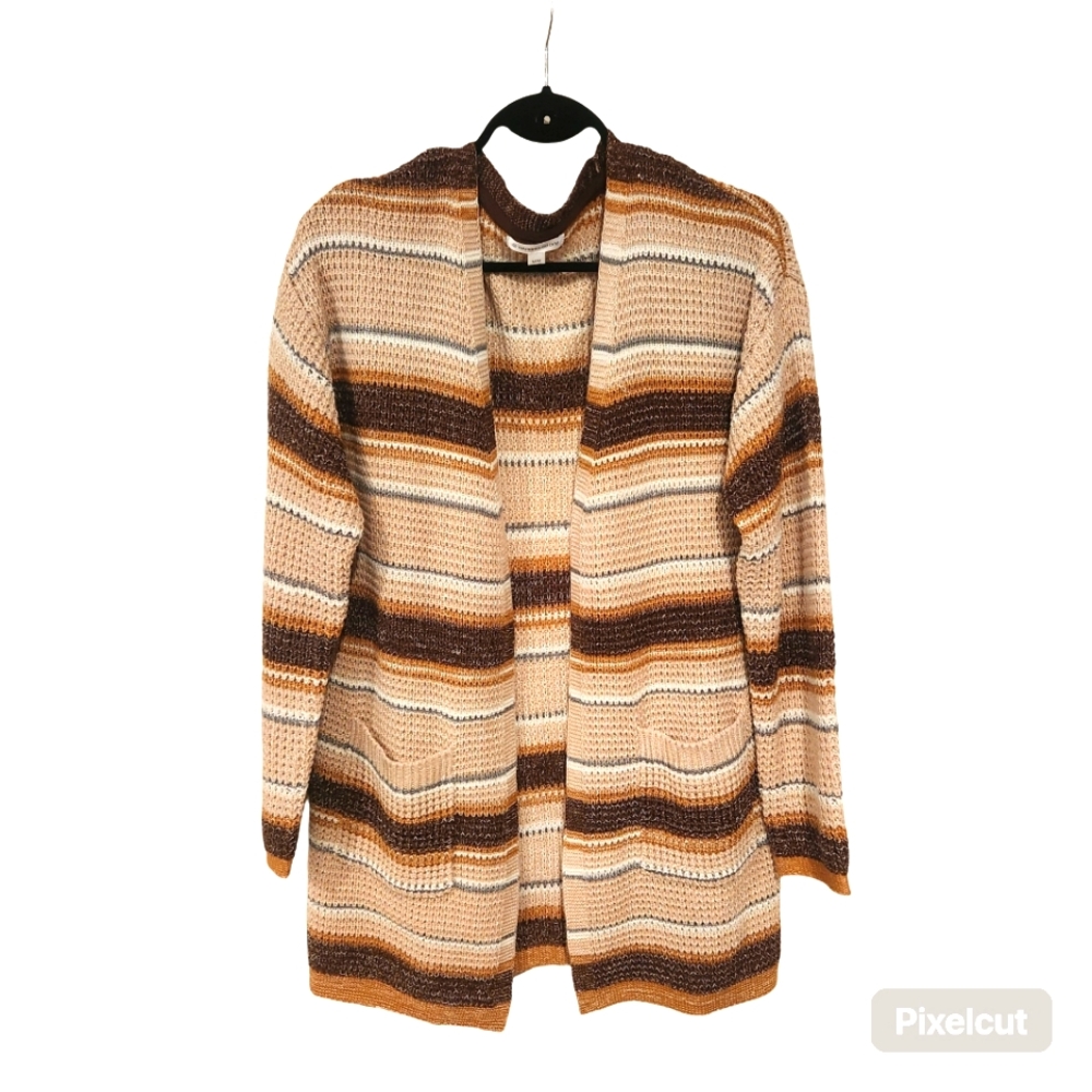 Warehouse One Cardigan Sweater Relaxed Fit Stripe Cream Tan Brown